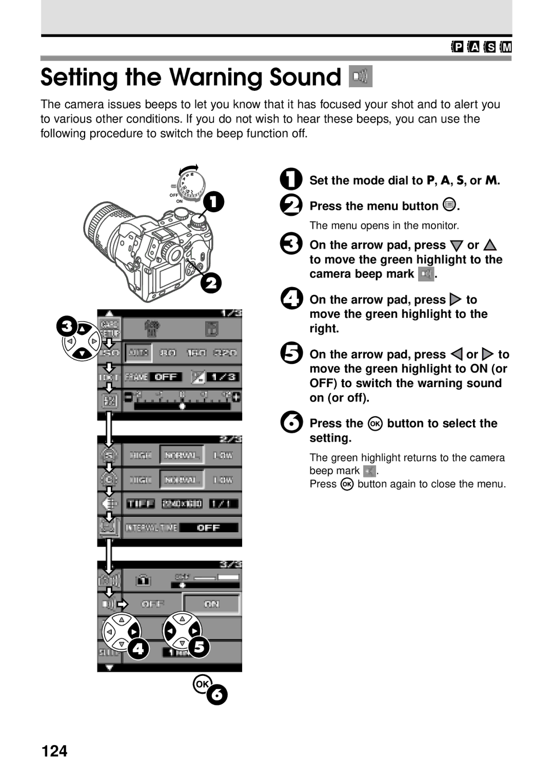 Olympus VT1621-01 manual Setting the Warning Sound, 124 