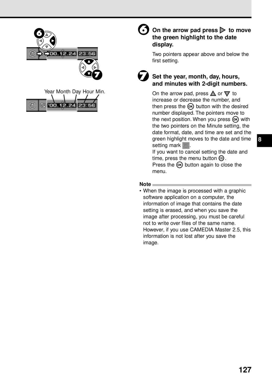 Olympus VT1621-01 manual 127, Set the year, month, day, hours, Minutes with 2-digit numbers, First setting 