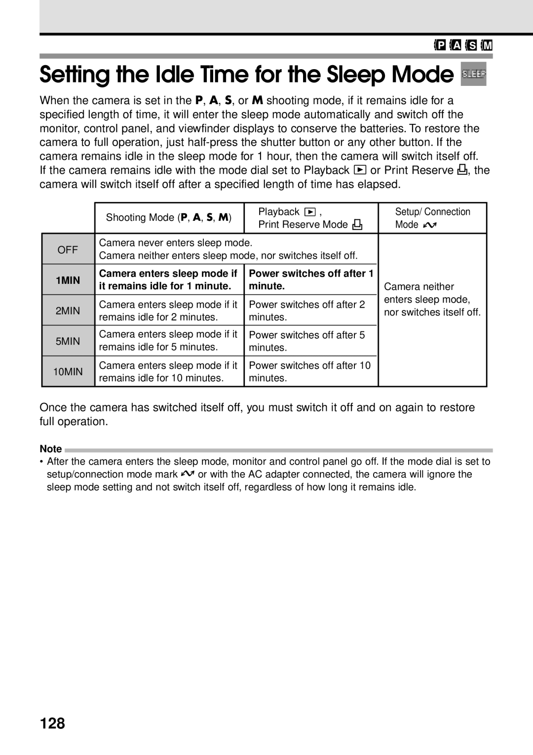 Olympus VT1621-01 manual Setting the Idle Time for the Sleep Mode, 128, It remains idle for 1 minute Minute 