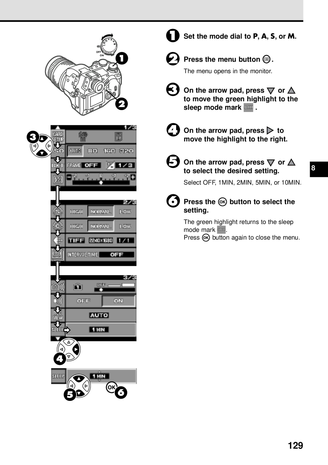 Olympus VT1621-01 manual 129, Set the mode dial to P, A, S, or M Press the menu button 