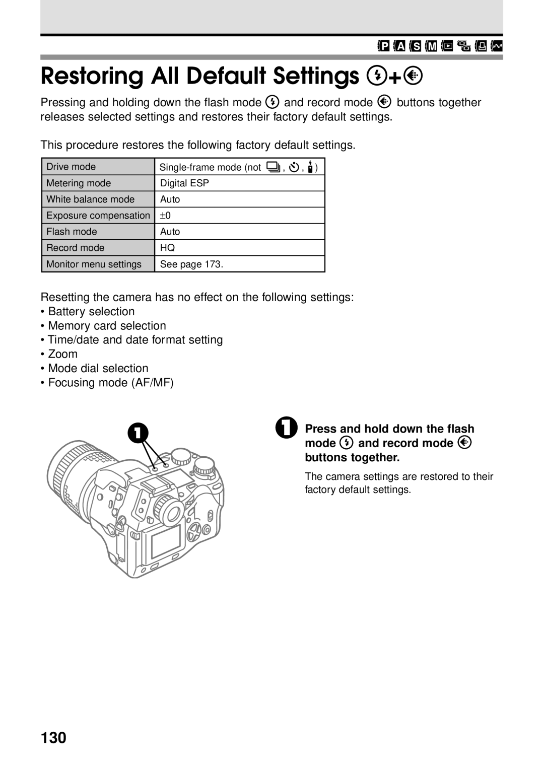 Olympus VT1621-01 Restoring All Default Settings +, 130, Press and hold down the flash, Mode Record mode Buttons together 