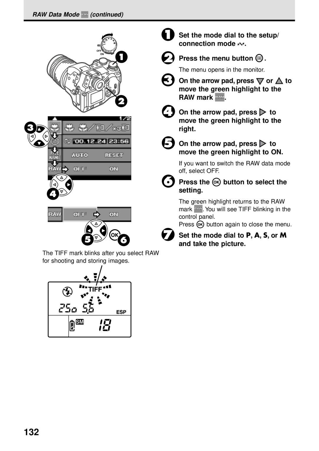 Olympus VT1621-01 manual 132, Set the mode dial to P, A, S, or M and take the picture 