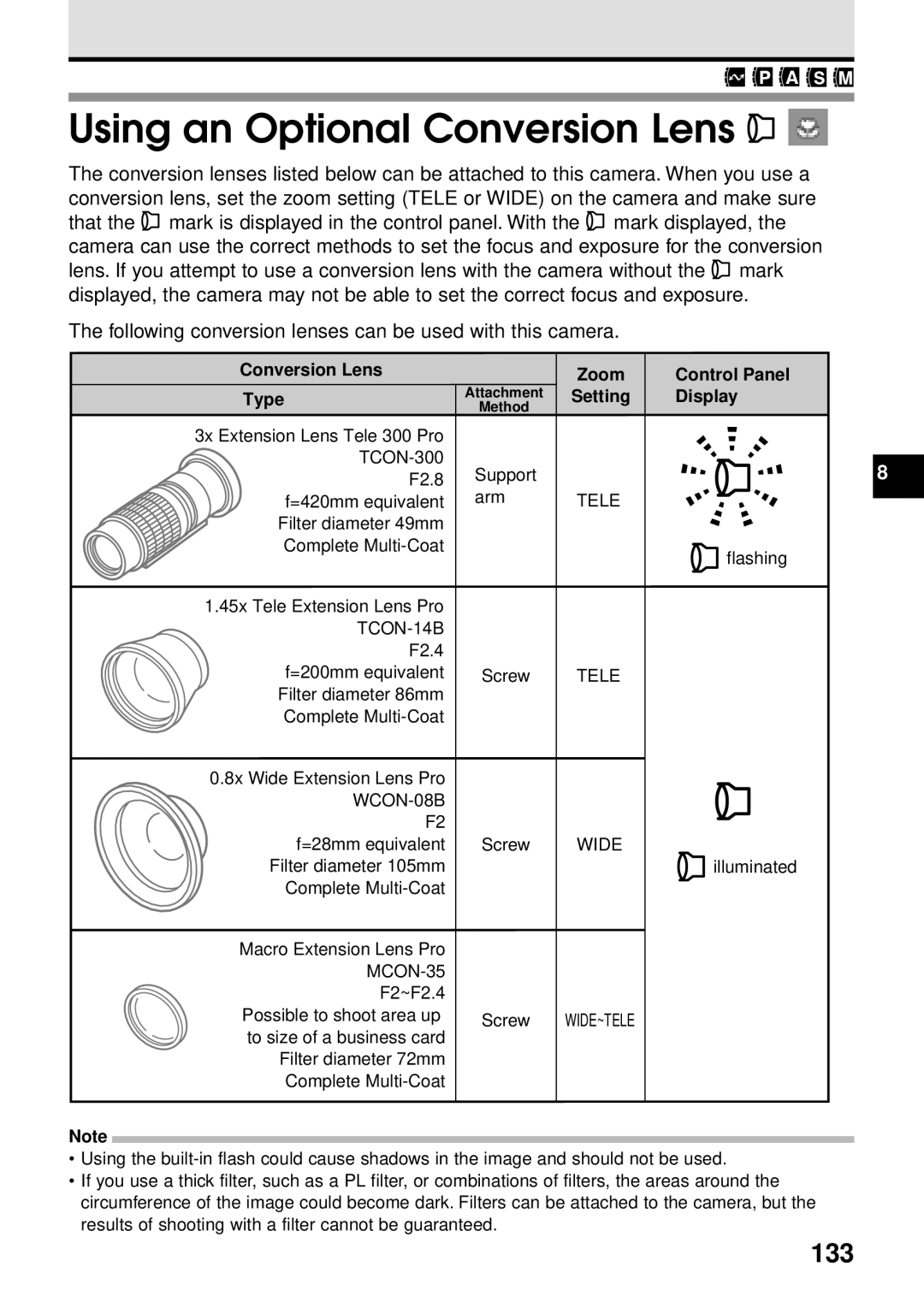 Olympus VT1621-01 manual Using an Optional Conversion Lens, 133, Conversion Lens Type, Zoom Setting, Control Panel Display 