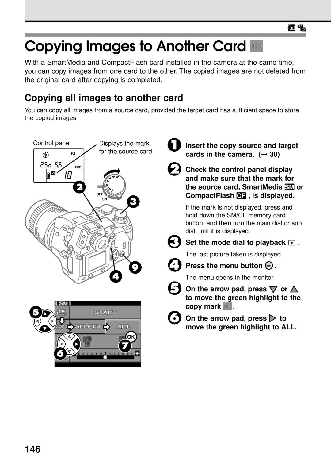 Olympus VT1621-01 manual Copying Images to Another Card, Copying all images to another card, 146 