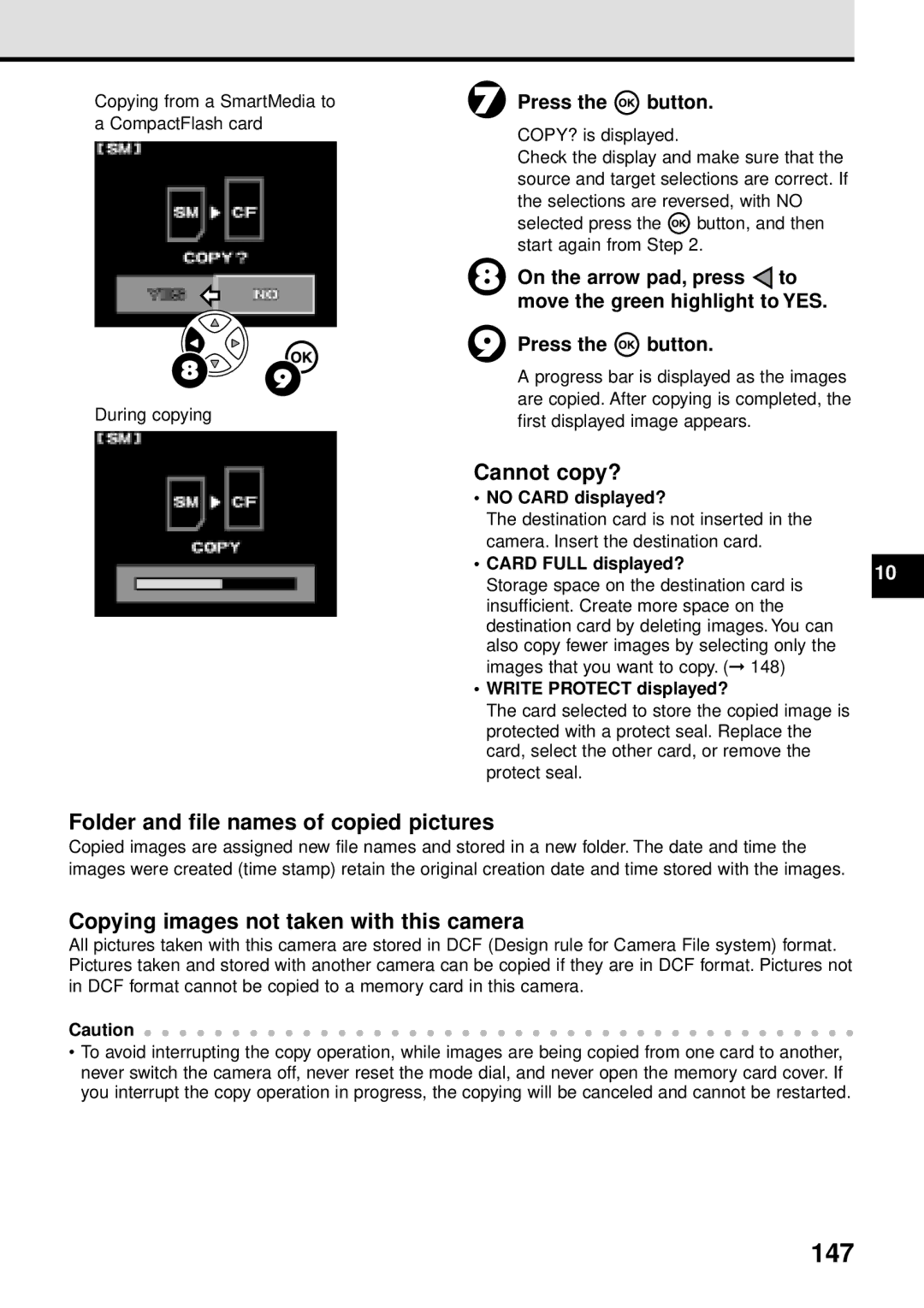 Olympus VT1621-01 147, Cannot copy?, Folder and file names of copied pictures, Copying images not taken with this camera 