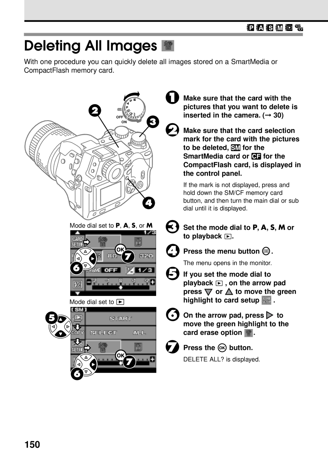 Olympus VT1621-01 manual Deleting All Images, 150, Set the mode dial to P, A, S, M or to playback 