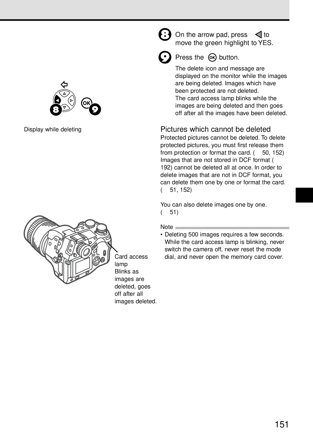 Olympus VT1621-01 manual 151, You can also delete images one by one, Card access, Lamp 