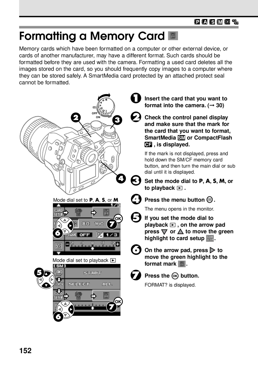 Olympus VT1621-01 manual Formatting a Memory Card, 152 