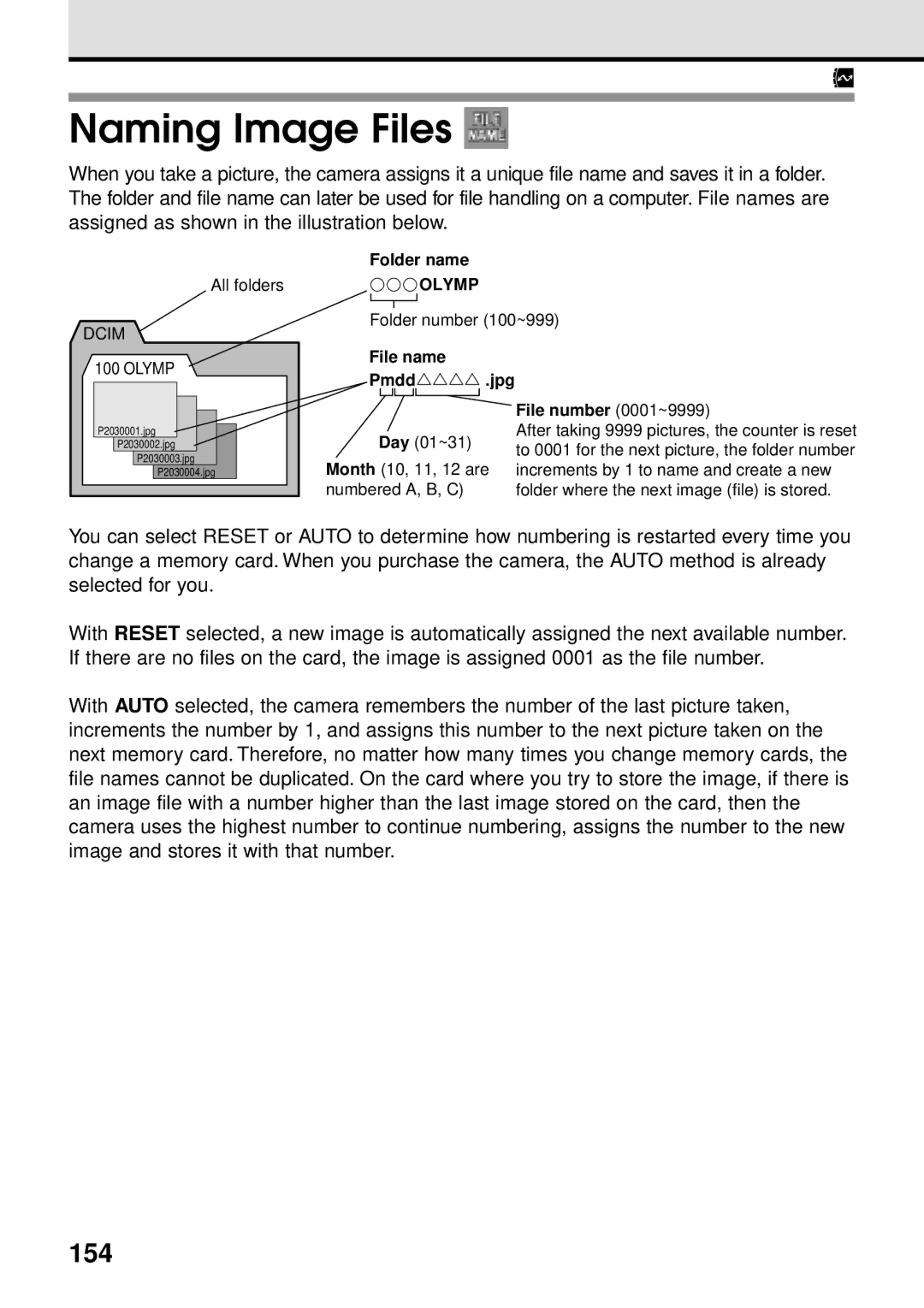 Olympus VT1621-01 manual Naming Image Files, 154 