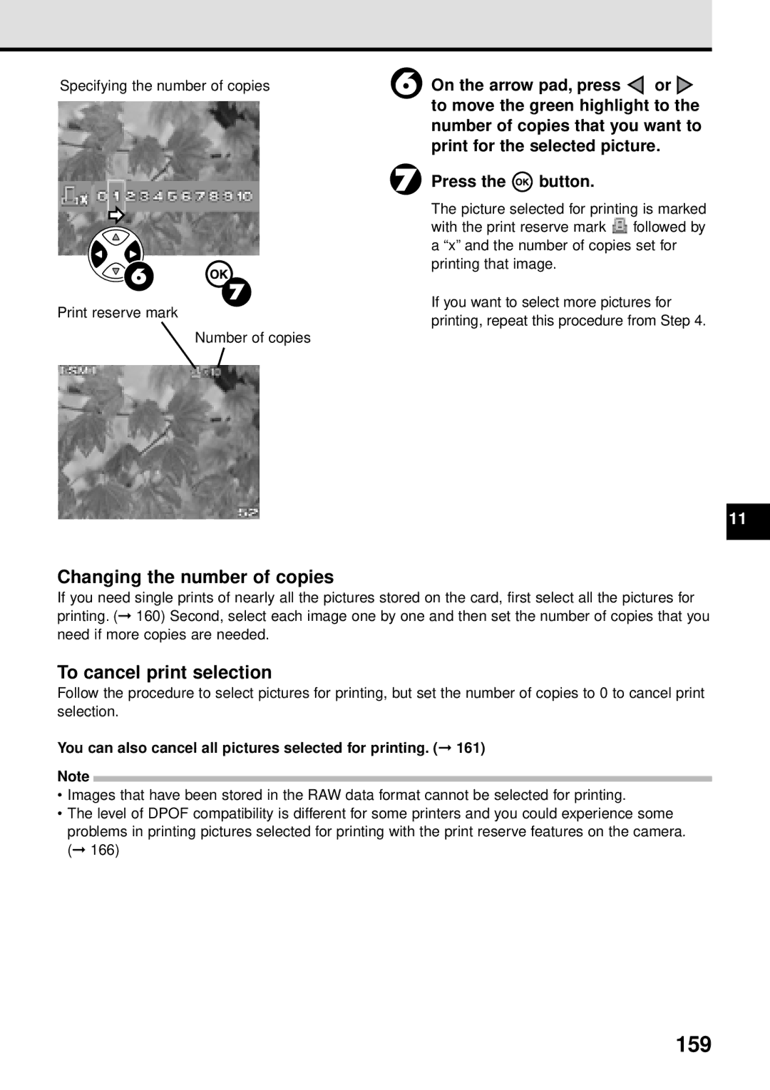 Olympus VT1621-01 manual 159, Changing the number of copies, To cancel print selection 