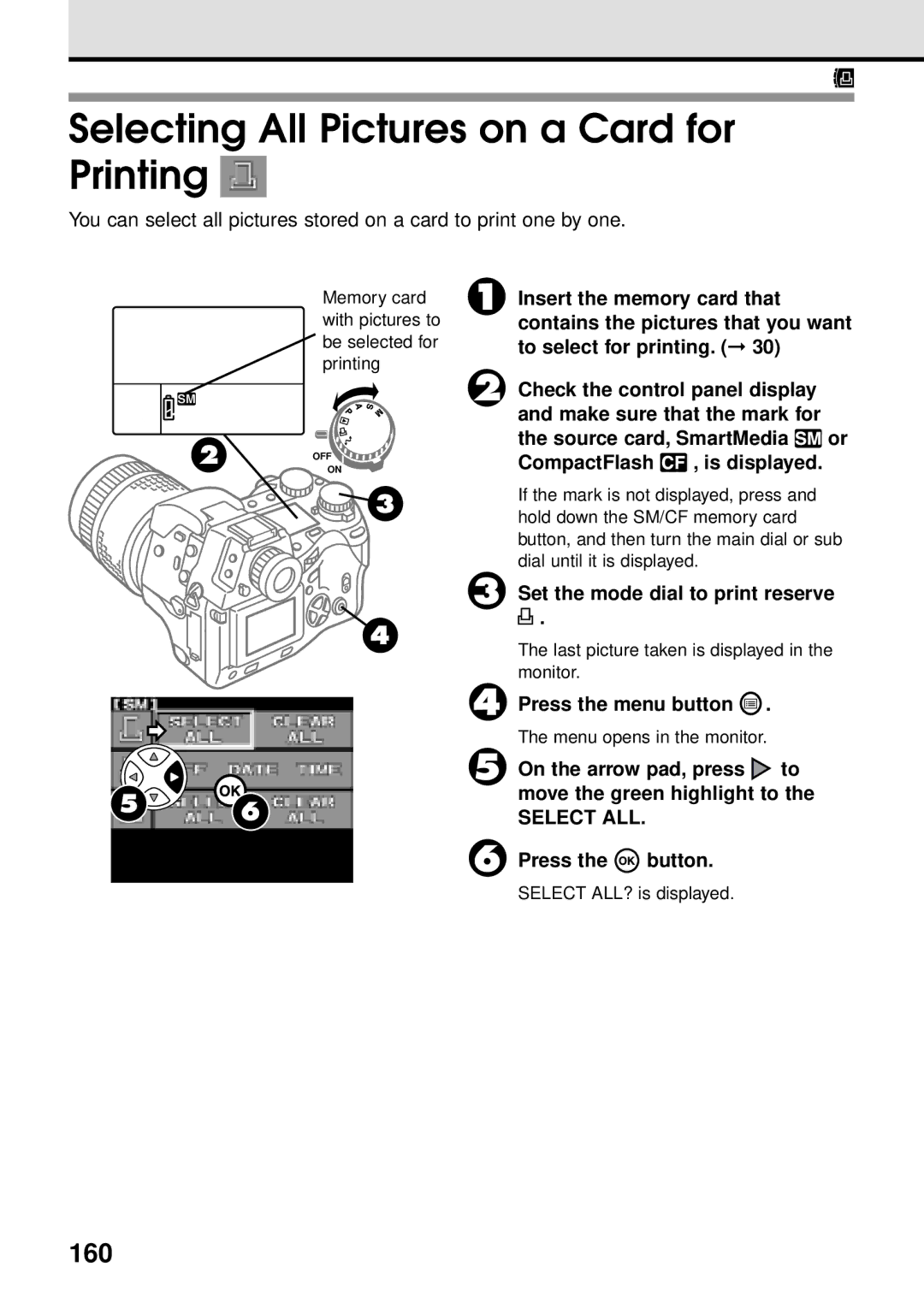 Olympus VT1621-01 manual Selecting All Pictures on a Card for Printing, 160, On the arrow pad, press to 