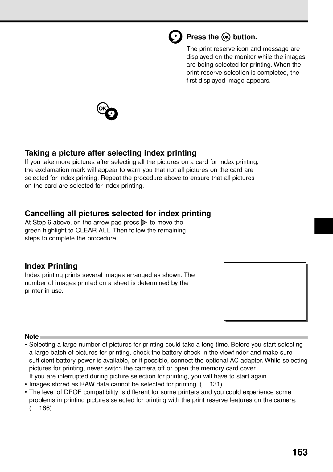 Olympus VT1621-01 manual 163, Taking a picture after selecting index printing, Index Printing 