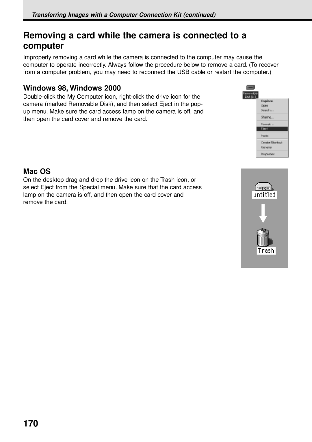 Olympus VT1621-01 manual Removing a card while the camera is connected to a computer, 170, Windows 98, Windows, Mac OS 