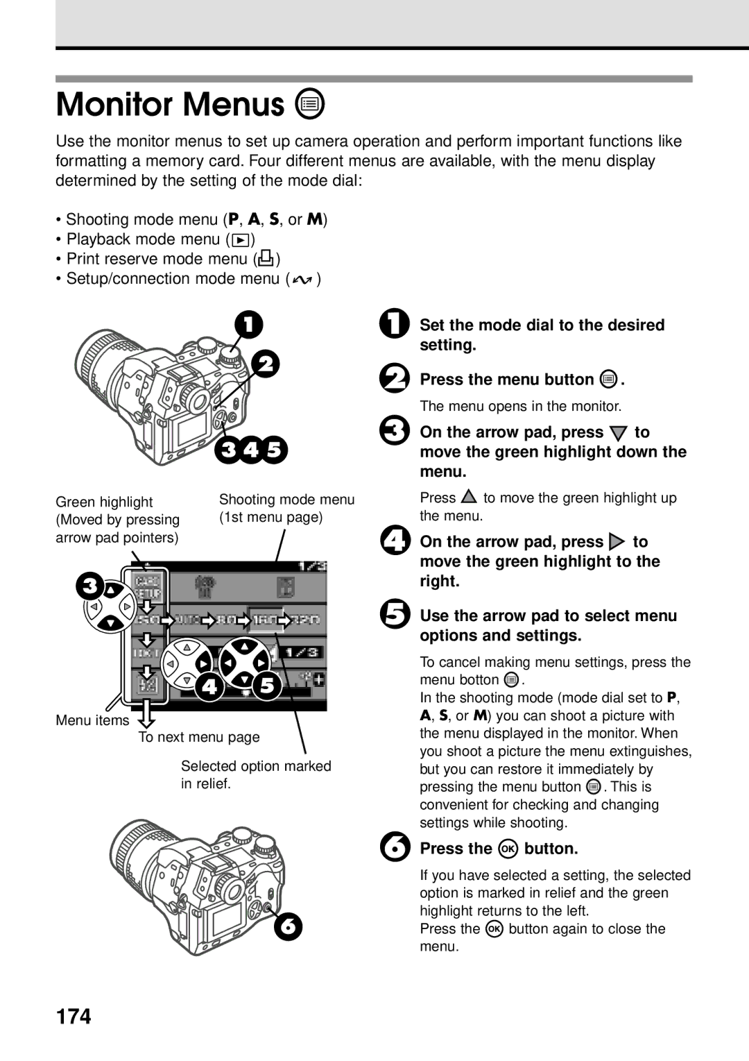 Olympus VT1621-01 manual Monitor Menus, 174 