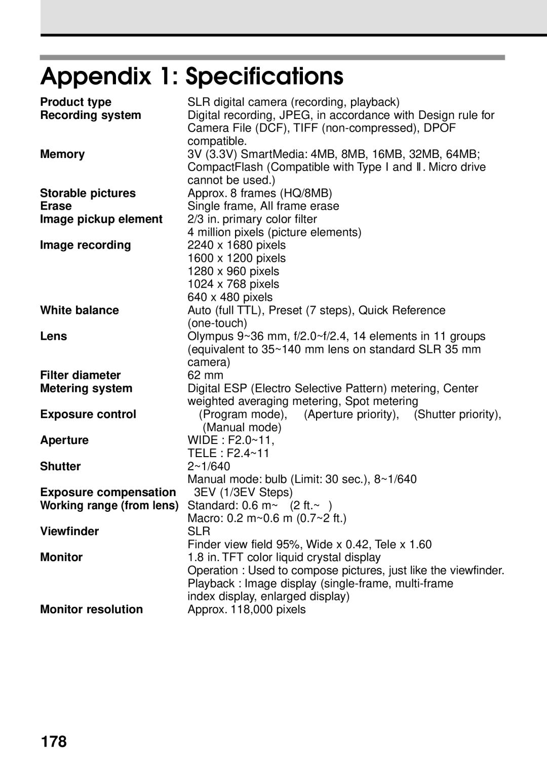 Olympus VT1621-01 manual Appendix 1 Specifications, 178 