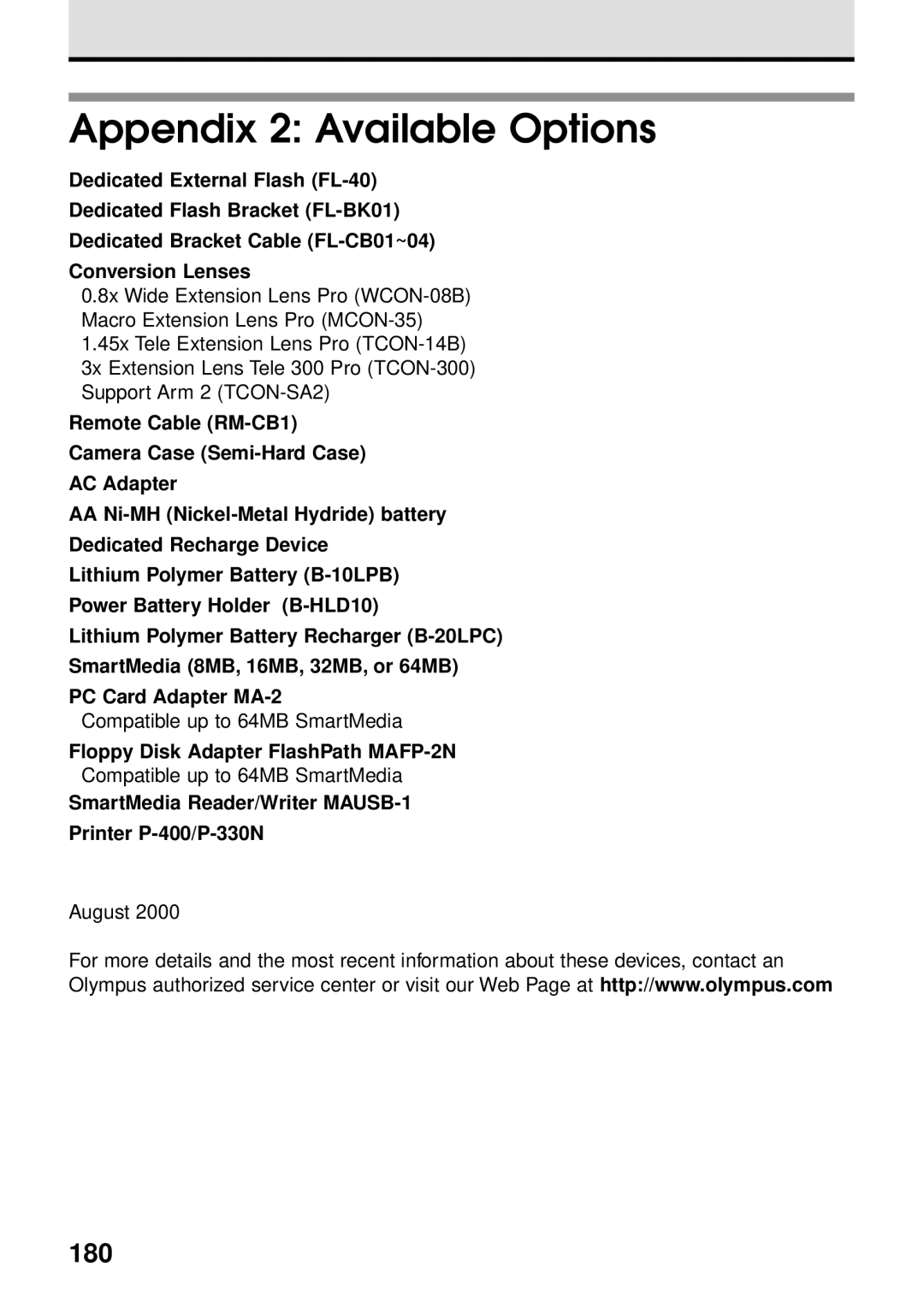 Olympus VT1621-01 manual Appendix 2 Available Options, 180, Floppy Disk Adapter FlashPath MAFP-2N 