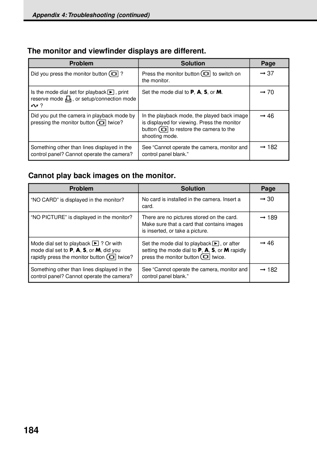 Olympus VT1621-01 manual 184, Monitor and viewfinder displays are different, Cannot play back images on the monitor 