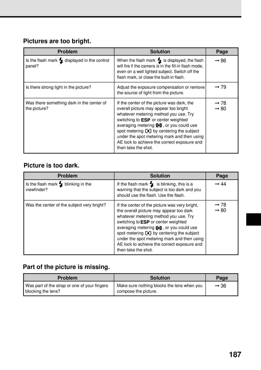 Olympus VT1621-01 manual 187, Pictures are too bright, Picture is too dark, Part of the picture is missing 