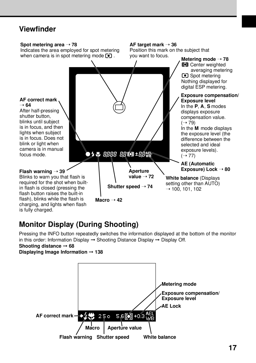 Olympus VT1621-01 manual Viewfinder, Monitor Display During Shooting 