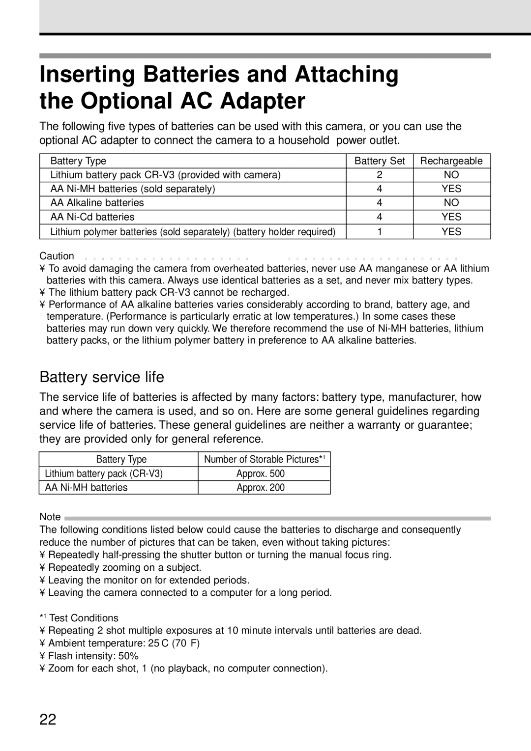 Olympus VT1621-01 manual Inserting Batteries and Attaching the Optional AC Adapter, Battery service life 