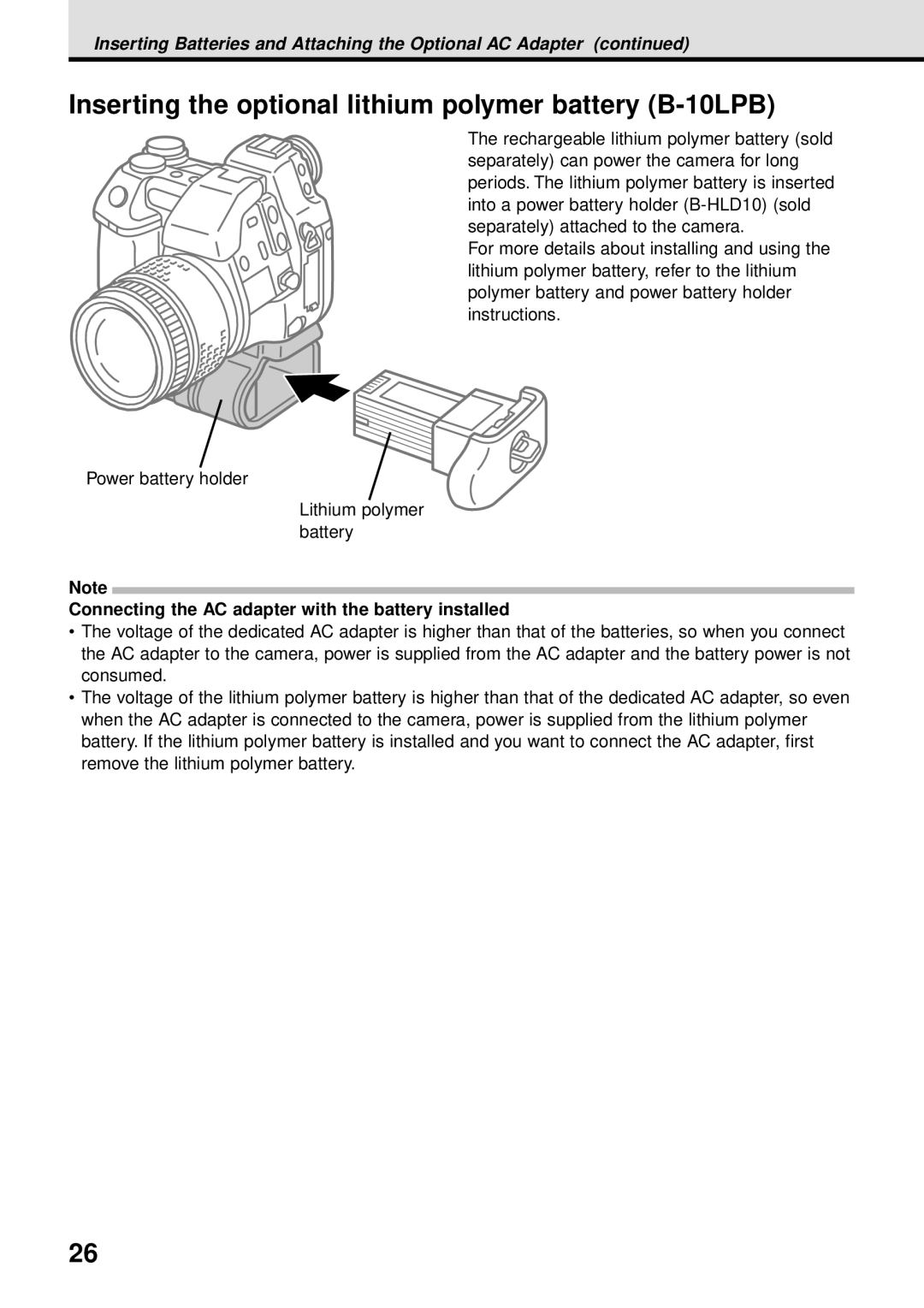 Olympus VT1621-01 manual Inserting the optional lithium polymer battery B-10LPB 