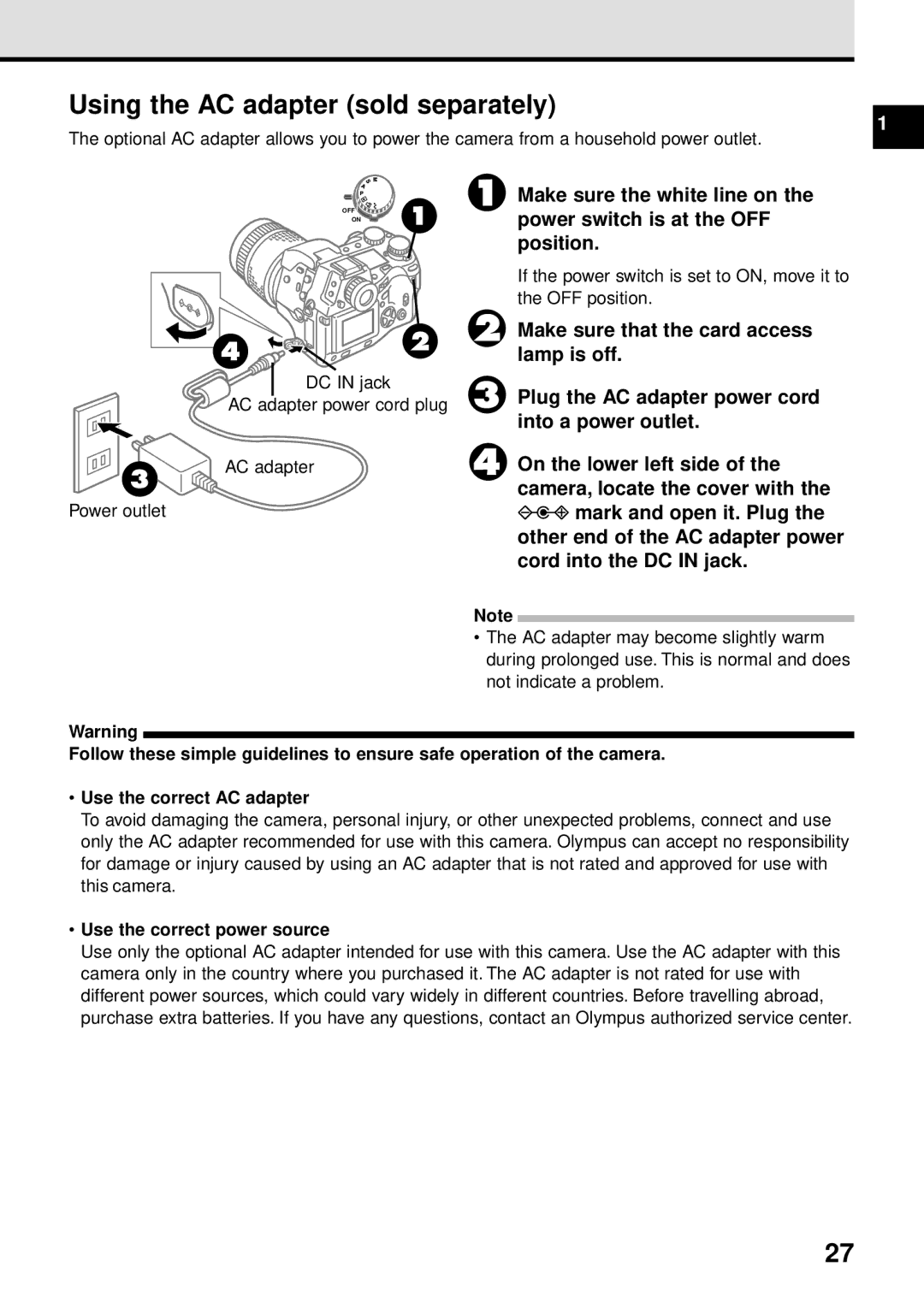 Olympus VT1621-01 manual DC in jack AC adapter power cord plug Power outlet, Use the correct power source 