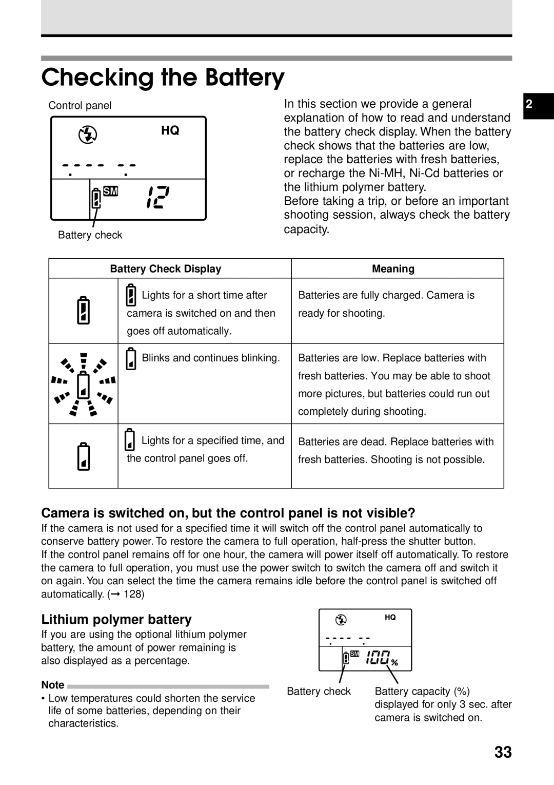 Olympus VT1621-01 manual Checking the Battery, Lithium polymer battery, Battery Check Display Meaning 