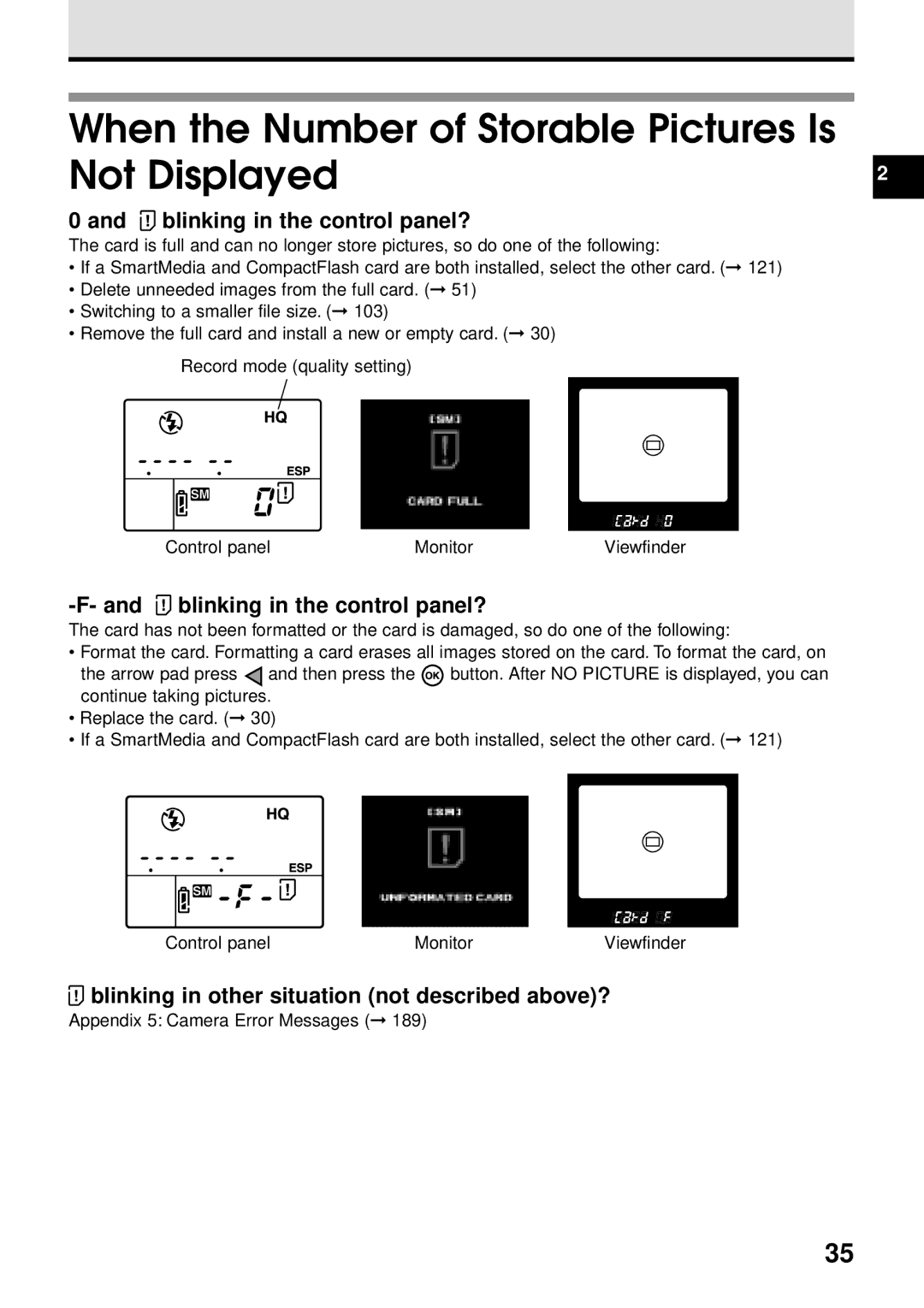 Olympus VT1621-01 manual When the Number of Storable Pictures Is Not Displayed, Blinking in the control panel? 