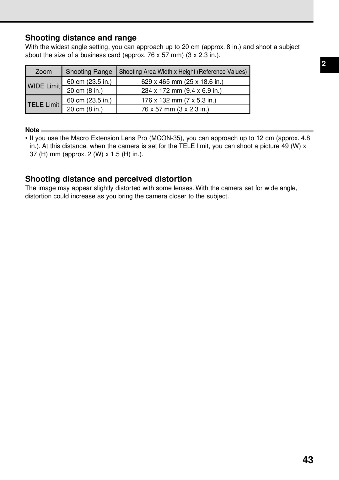 Olympus VT1621-01 manual Shooting distance and range, Shooting distance and perceived distortion 