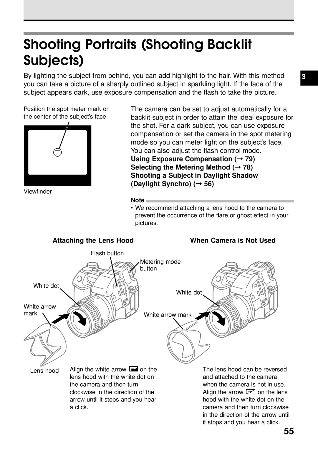 Olympus VT1621-01 manual Shooting Portraits Shooting Backlit Subjects, Attaching the Lens Hood When Camera is Not Used 