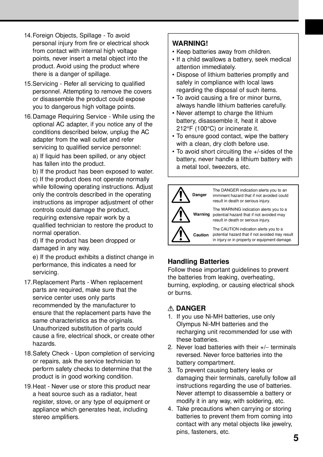 Olympus VT1621-01 manual Handling Batteries 