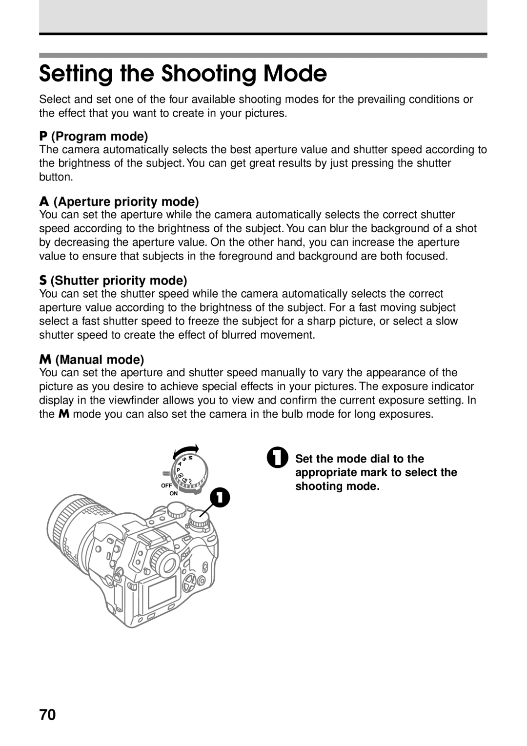 Olympus VT1621-01 Setting the Shooting Mode, Program mode, Aperture priority mode, Shutter priority mode, Manual mode 