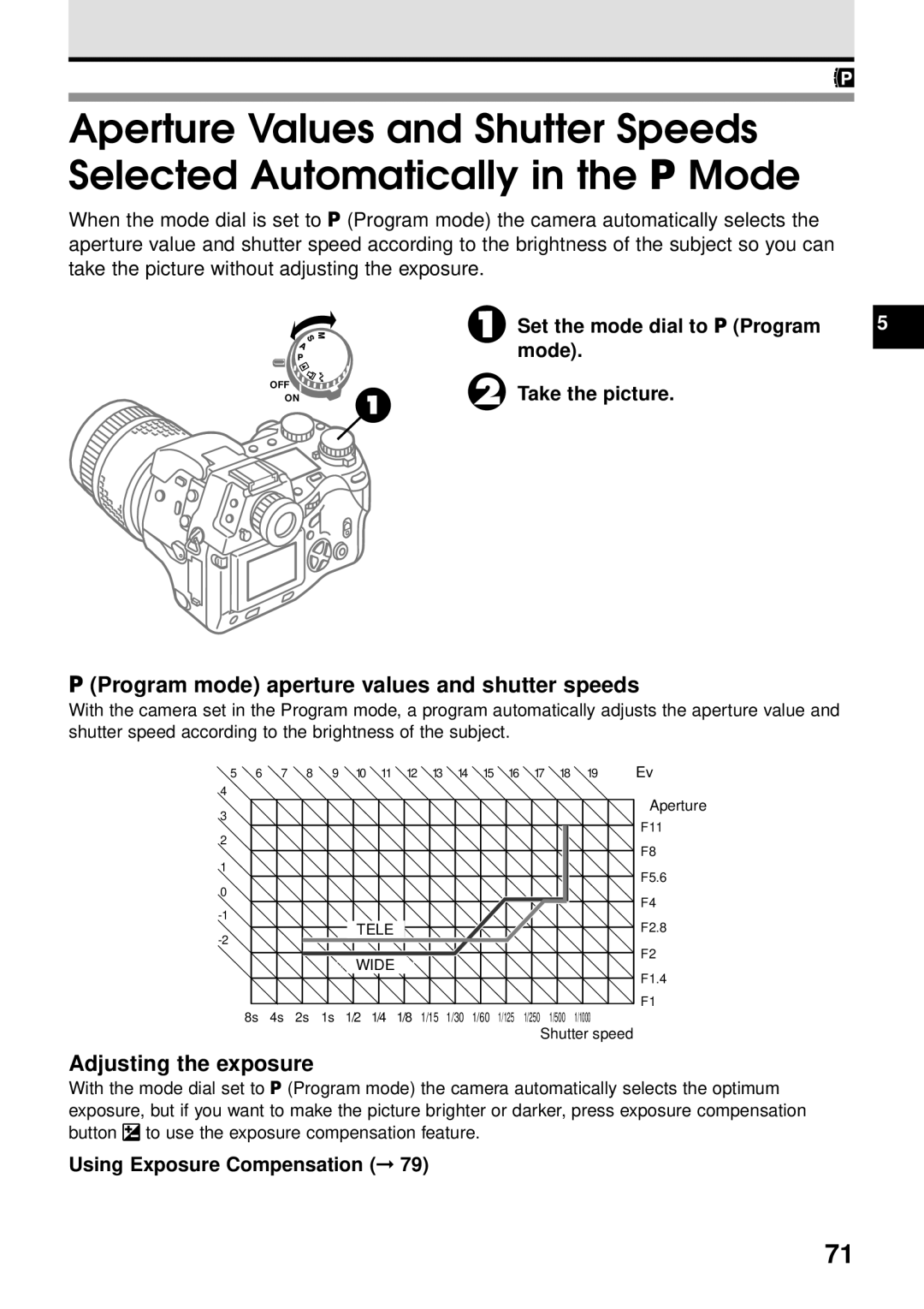 Olympus VT1621-01 Program mode aperture values and shutter speeds, Adjusting the exposure, Using Exposure Compensation 