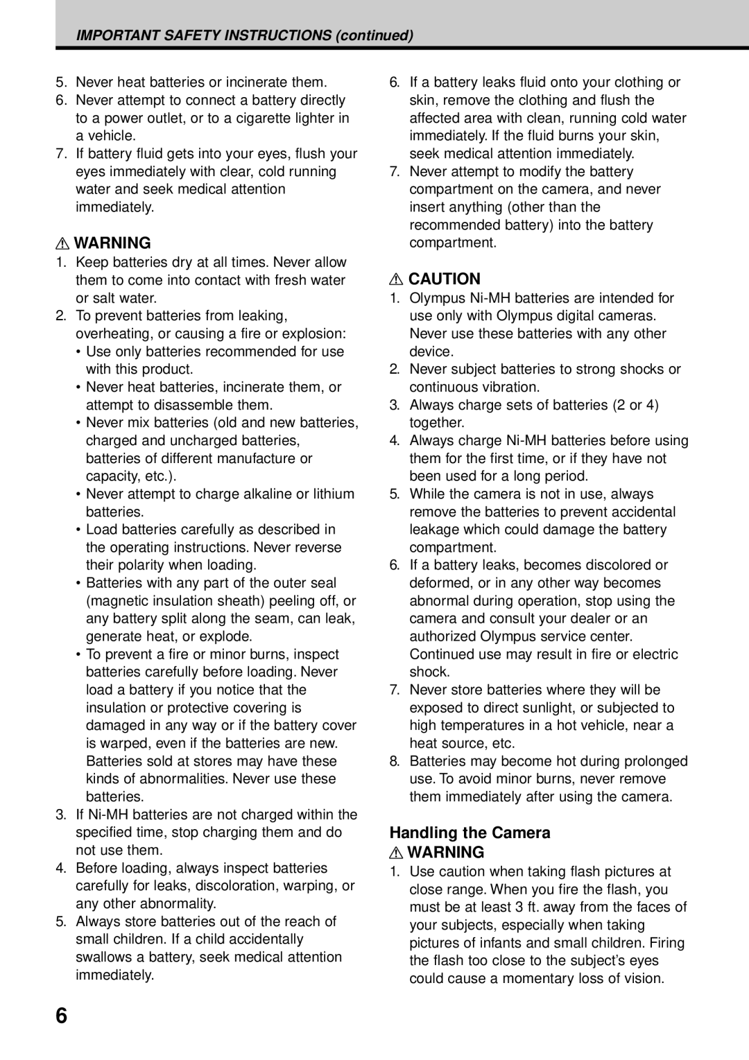 Olympus VT1621-01 manual Handling the Camera, Important Safety INSTRUCTlONS 