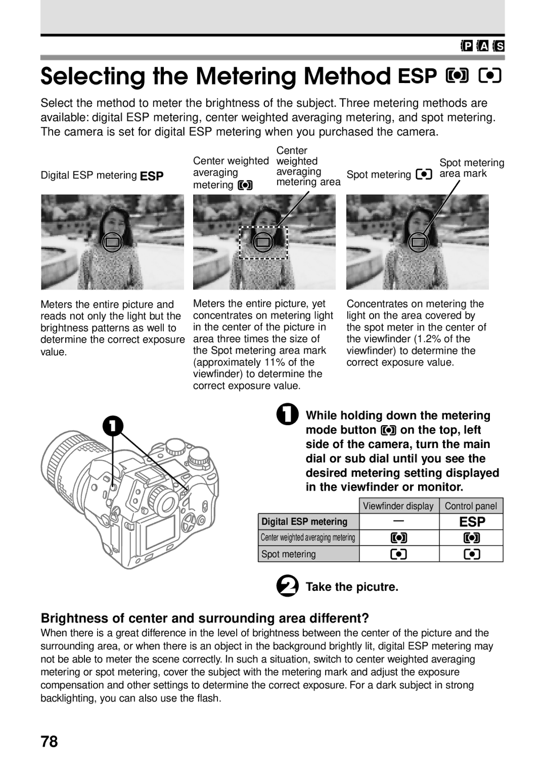 Olympus VT1621-01 Selecting the Metering Method, Brightness of center and surrounding area different?, Take the picutre 