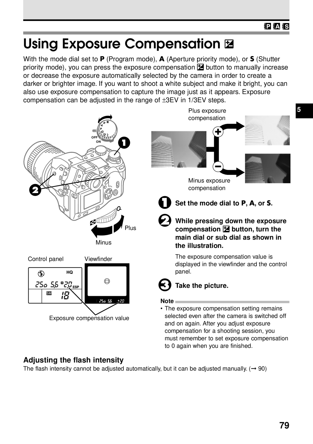 Olympus VT1621-01 manual Using Exposure Compensation, Adjusting the flash intensity 