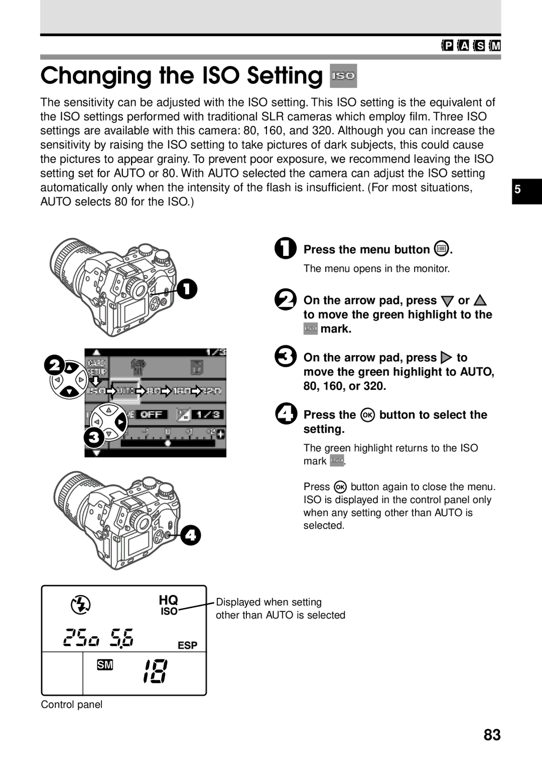 Olympus VT1621-01 manual Changing the ISO Setting, On the arrow pad, press or, Menu opens in the monitor 