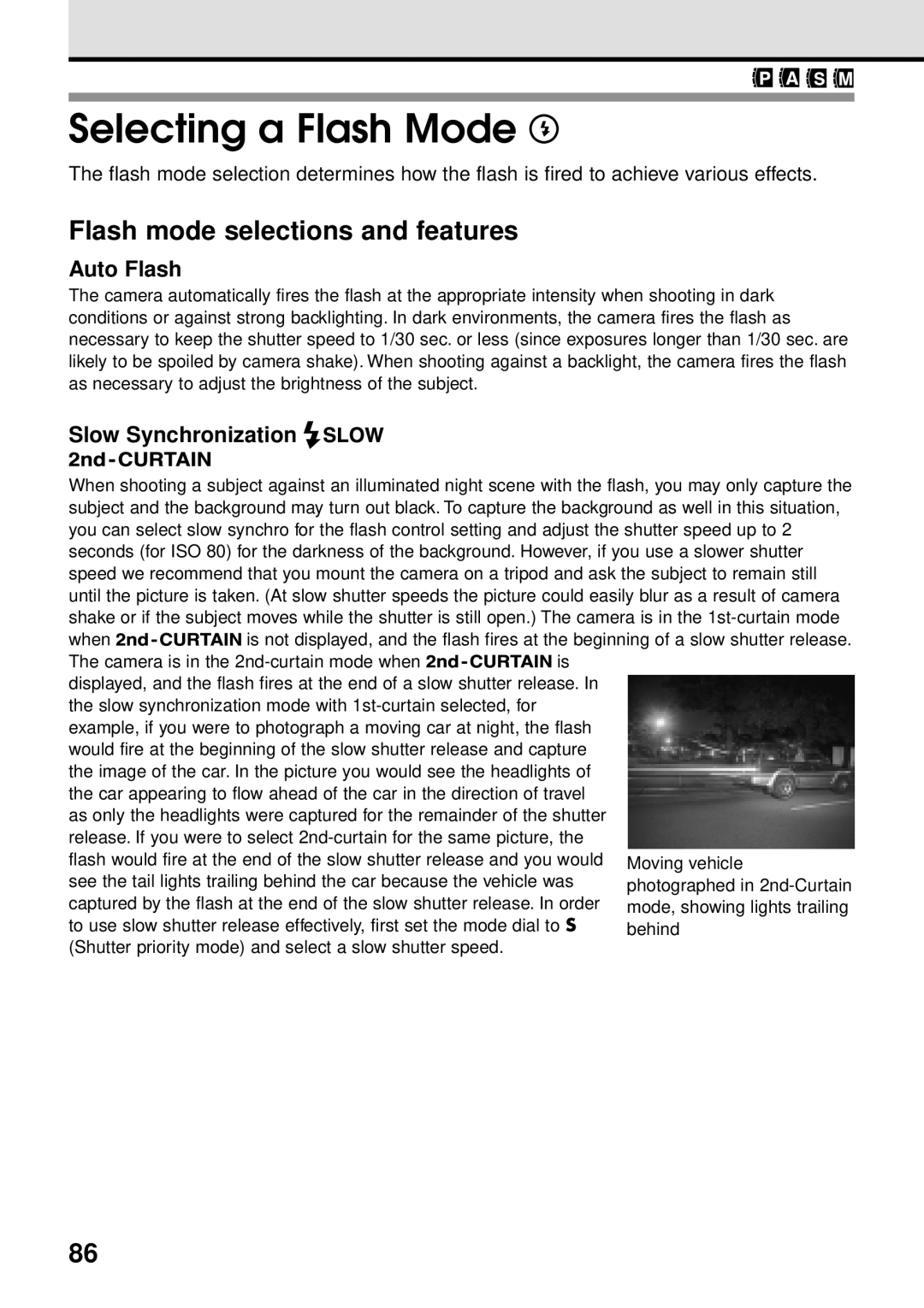 Olympus VT1621-01 manual Selecting a Flash Mode, Flash mode selections and features, Auto Flash, Slow Synchronization 