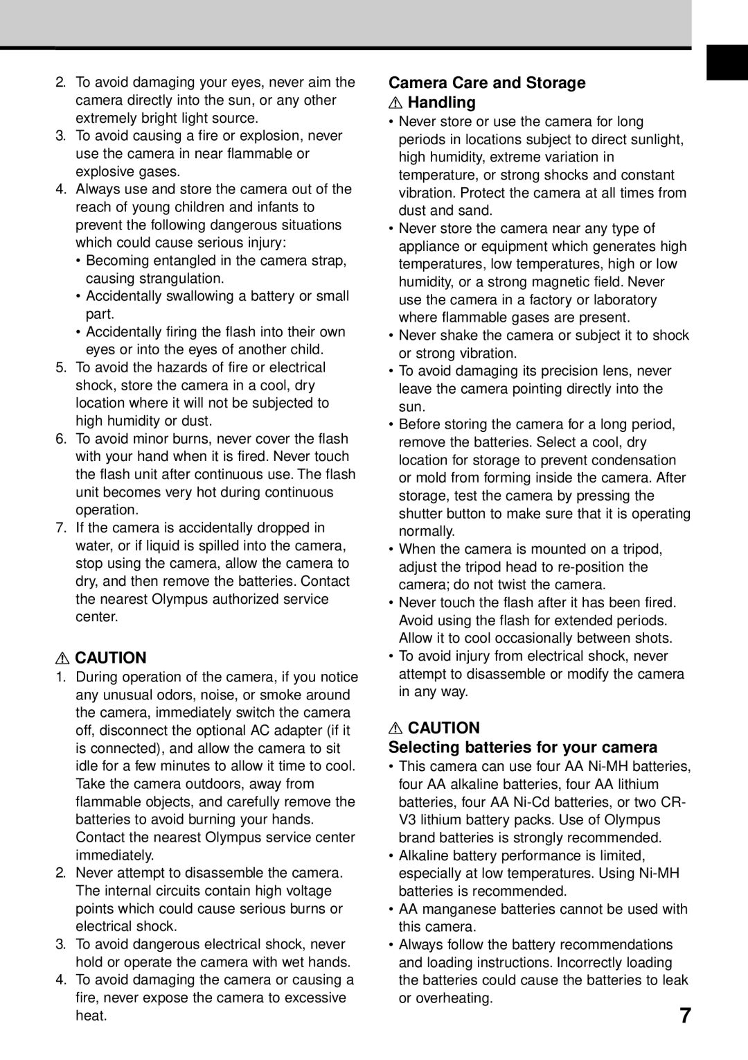 Olympus VT1621-01 manual Camera Care and Storage Handling, Selecting batteries for your camera 