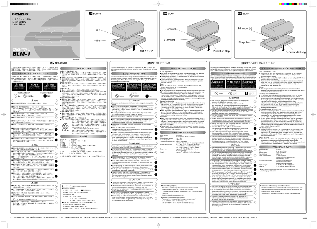 Olympus VT484501 specifications Safety Precautions, Operating Precautions, Main Specifications, Sicherheitshinweise 