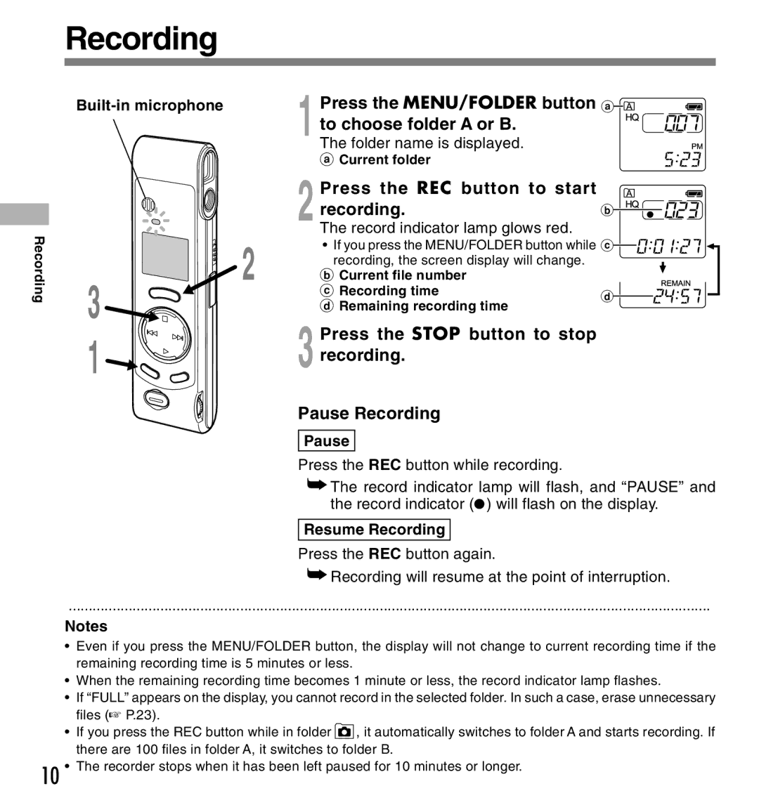 Olympus W-10 Recording, Press the MENU/FOLDER button a, To choose folder a or B, Press the REC button to start recording 