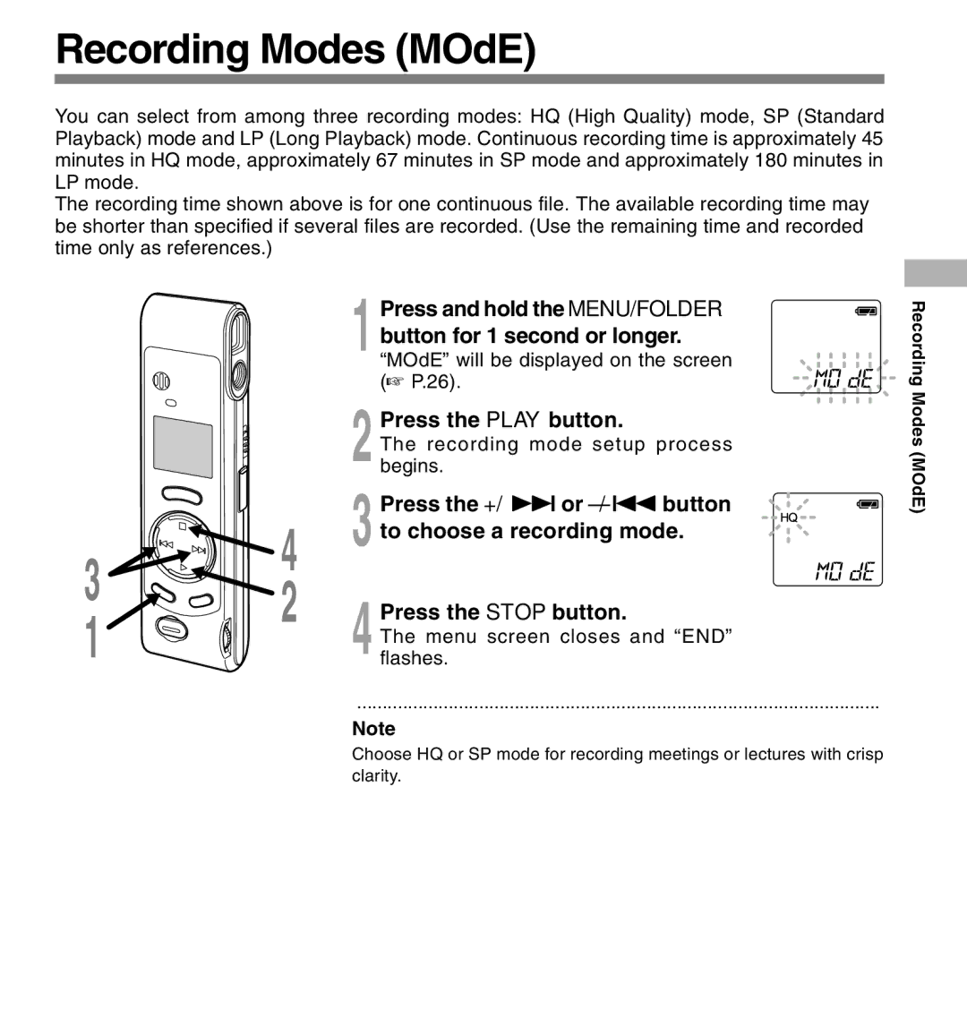 Olympus W-10 manual Recording Modes MOdE, Press the Play button, Press the +/ 9 or -/ 0 button, To choose a recording mode 