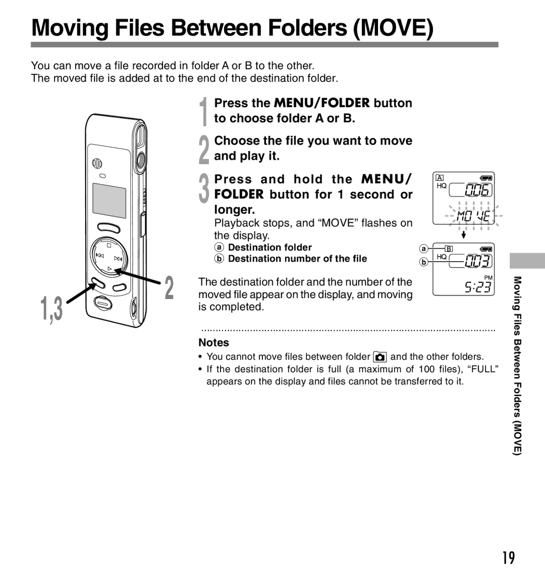 Olympus W-10 manual Moving Files Between Folders Move, Playback stops, and Move flashes on the display, Is completed 