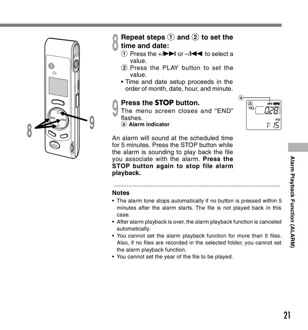 Olympus W-10 Repeat steps 1 and 2 to set the time and date, An alarm will sound at the scheduled time, Alarm indicator 