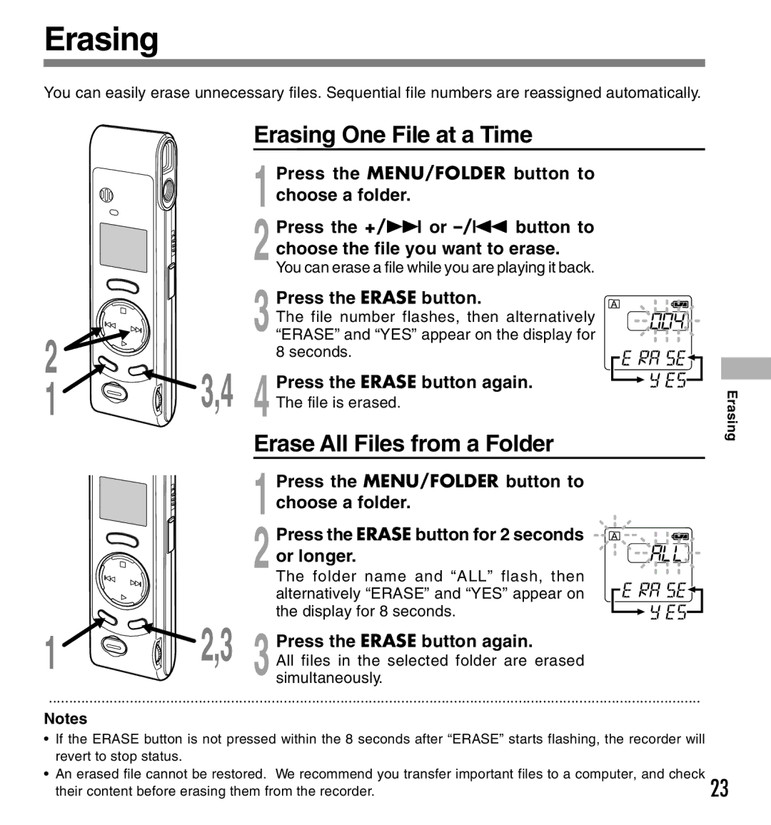 Olympus W-10 manual Erasing One File at a Time, Erase All Files from a Folder 