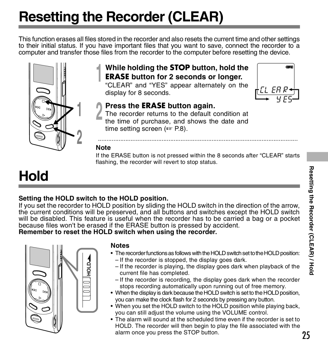 Olympus W-10 manual Resetting the Recorder Clear, Hold, While holding the Stop button, hold 