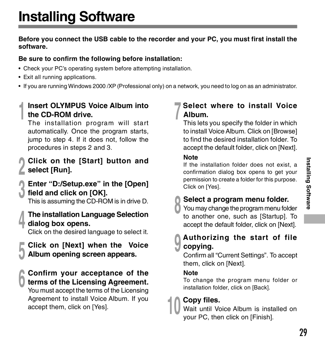 Olympus W-10 manual Installing Software 