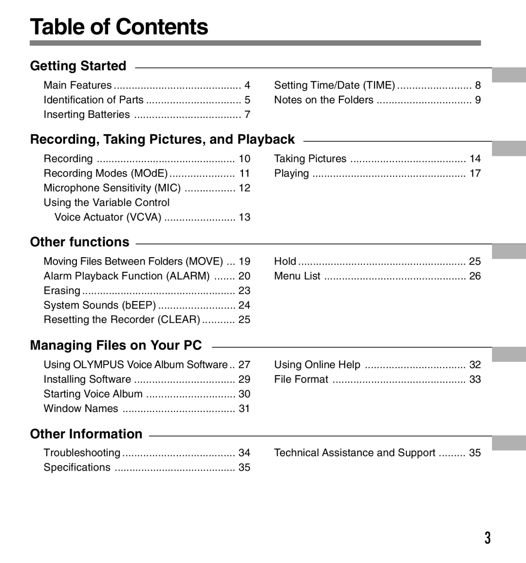 Olympus W-10 manual Table of Contents 