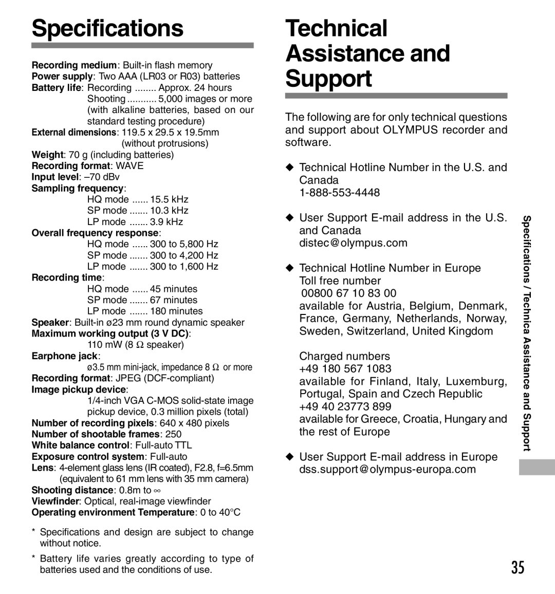 Olympus W-10 manual Specifications, Technical Assistance Support, Canada, Available for Austria, Belgium, Denmark 