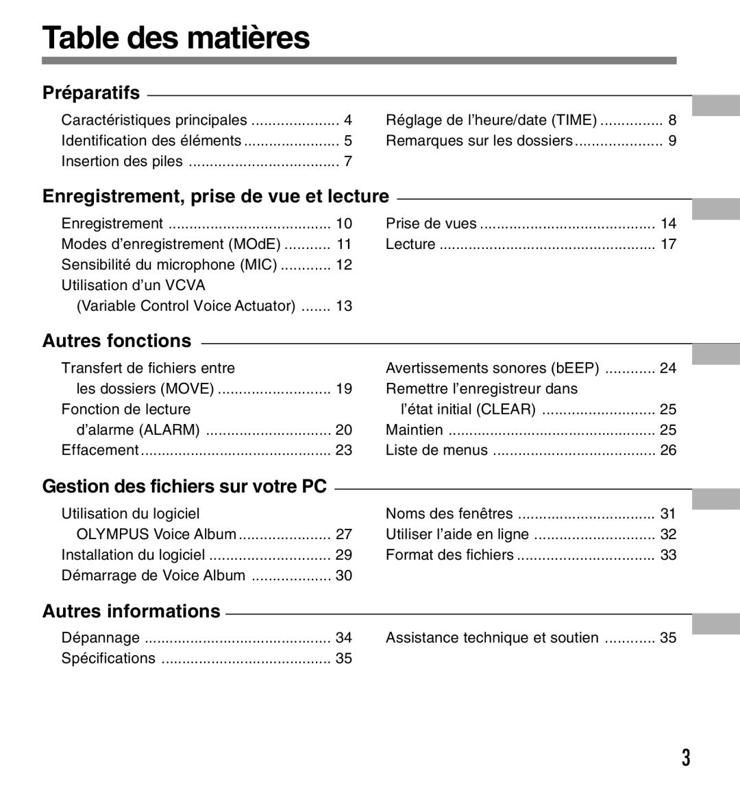 Olympus W-10 manual Table des matières 